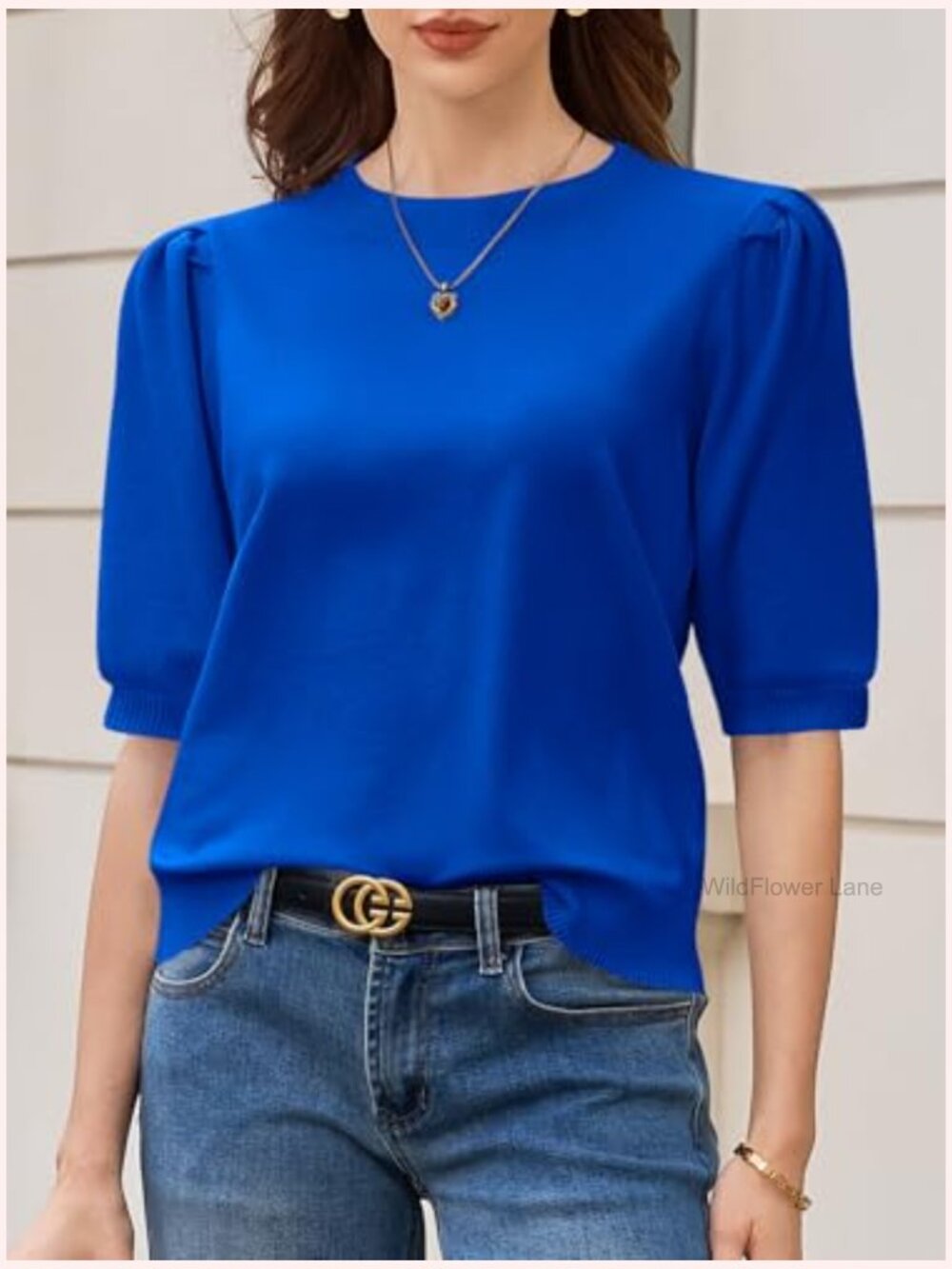 Puff Sleeve Sweater Top Ruffle Crew Neck Dressy Casual Loose Knit Pullover - Picture 5 of 7